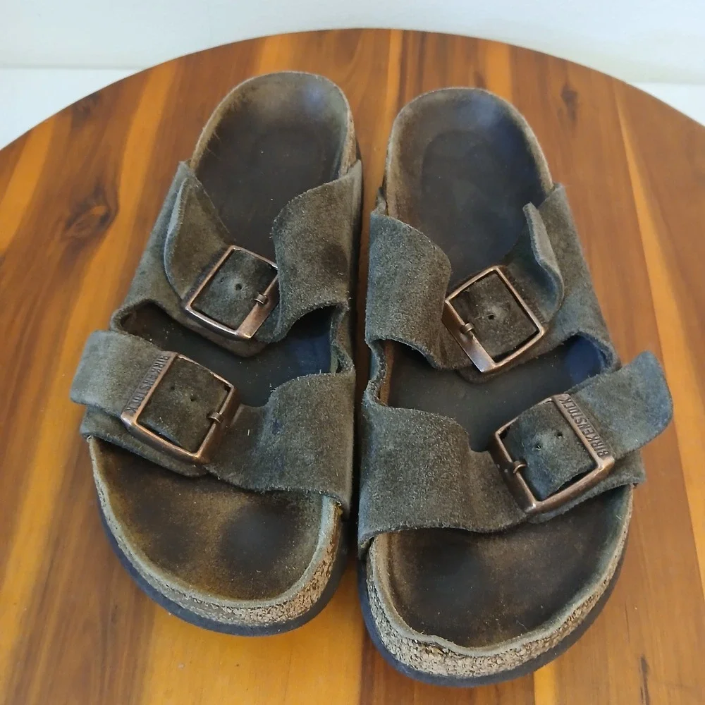 Birkenstock Arizona Sandals Mens 37 Olive Green Suede Double Strap Buckle